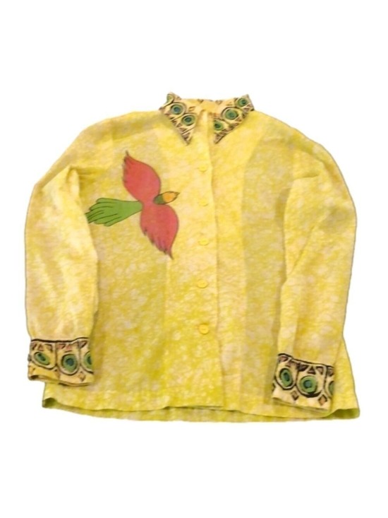 Fantastic Tops - 𝅺VINTAGE yellow blouse with colorful bird. Wearable art unique Size 3/4